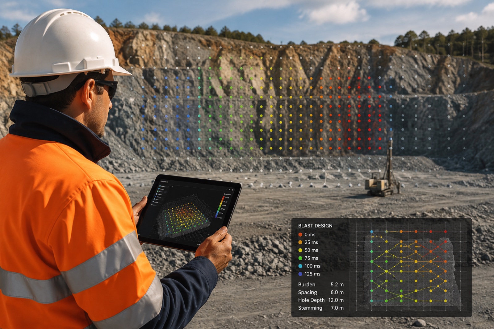 Prime Explosives technician reviewing an electronic blast design on a tablet at a quarry face