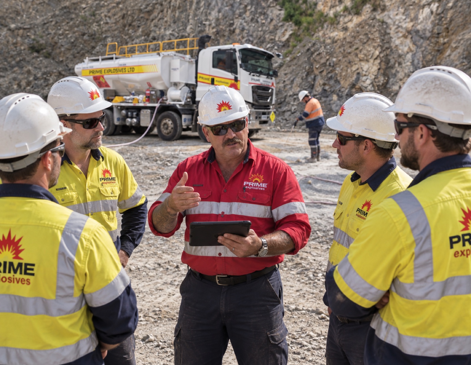 Prime Explosives crew safety briefing on site beside a mobile mixing unit